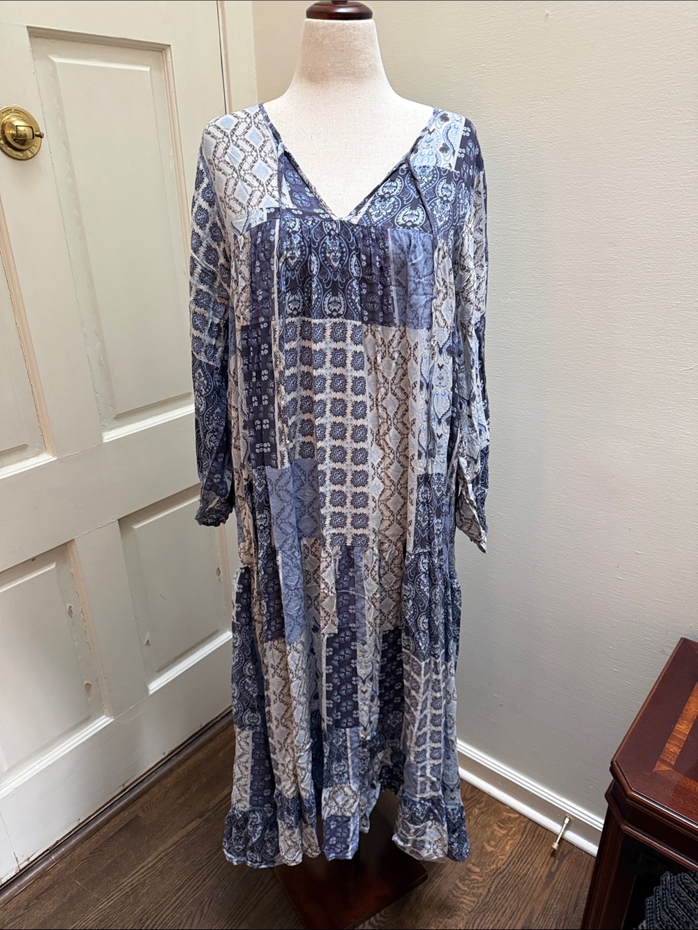 Vici Blue & White Patchwork V-Neck Maxi Dress